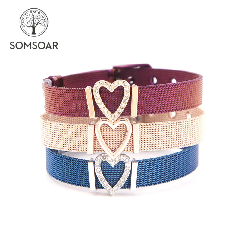 

Dropshipping Somsoar Jewelry New Color Mesh Bracelet Set with Heart Slide Charms Stainless Steel Bracelet as Valentine's day