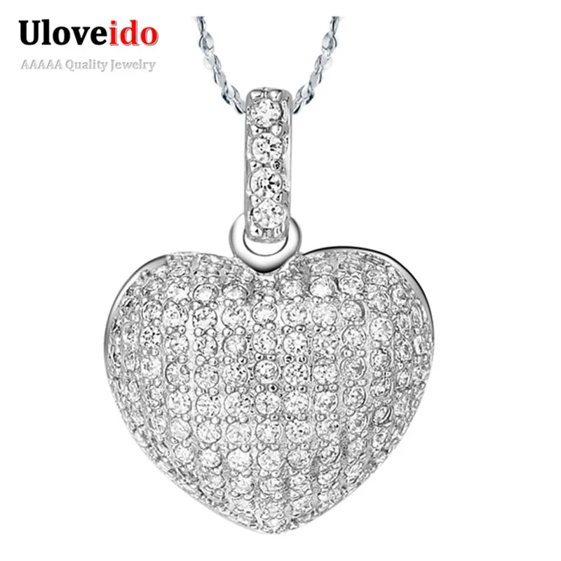 

Uloveido Crystal Heart Pendant Necklace Women Girls Silver Color Necklaces Pendants Zirconia Jewelry Colliers 2017 Charms N378
