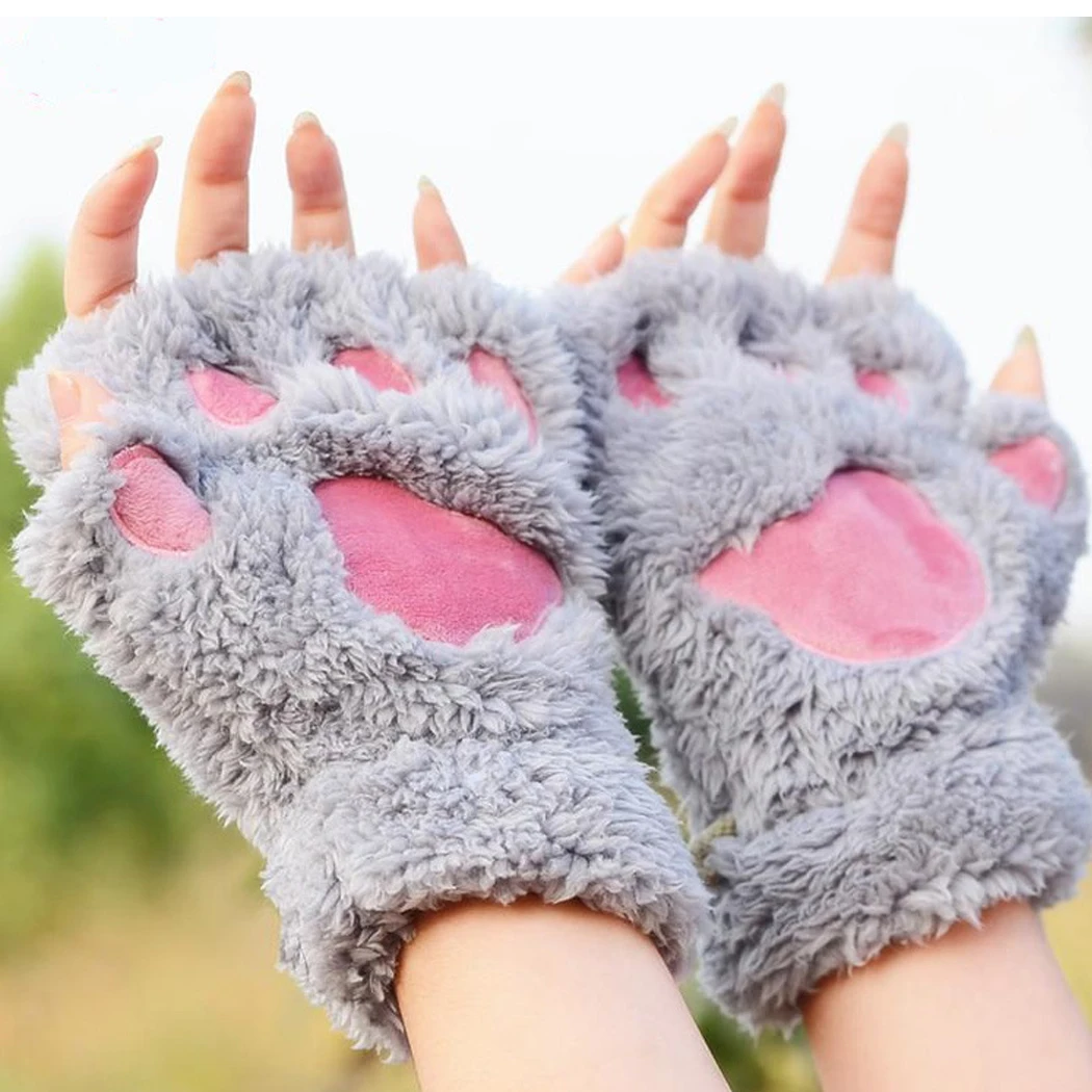 Милые зимние перчатки без пальцев для женщин, пушистый медведь, кошка, плюшевый лап, лапки, перчатки с половинкой пальцев для девочек