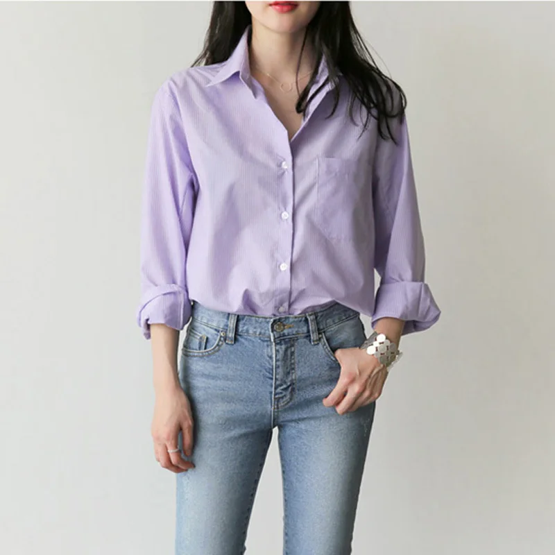 Beste Lente Vrouwen Blouse Gestreepte Turn Down Kraag Office Lady Tops Volledige Mouw Vrouwen Shirts Licht Paars Mode Vrouwelijke Tops blusas