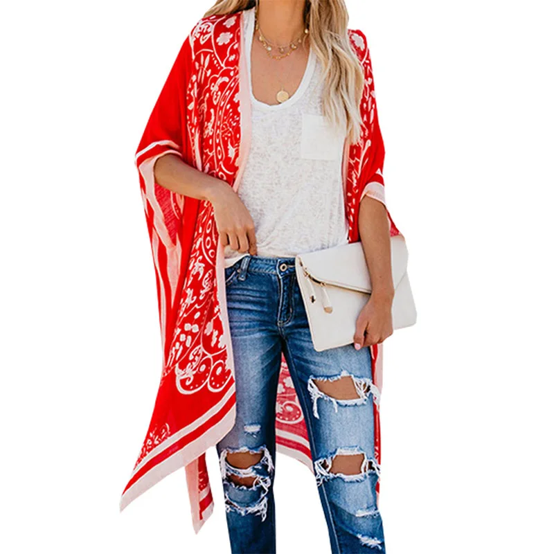 

2019 Summer Sexy Women Shirt Loose Cardigan Large Size Printing Thin Section Five-point Sleeves Kimono Beach Cover Up