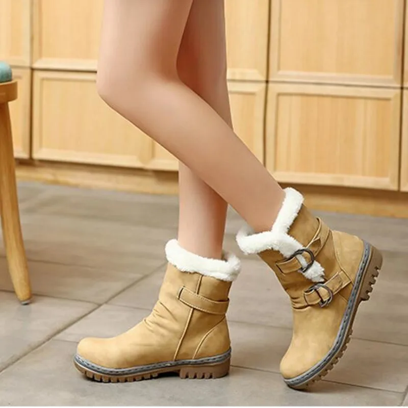 

Brand Women's Boots Belt Buckle Boots flat Martin Boots Tide Plus Velvet Short Tube Snow Boots Women's Non-slip Cotton Shoes Lar
