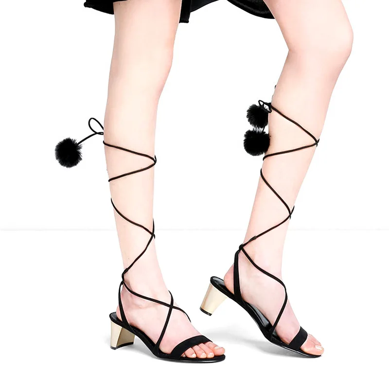 GENSHUO Summer Women Sandals Heels Shoes 6CM Cute Furry Ball Women Sandals Lace Up Gladiator Sandals Summer Woman Shoes Blue