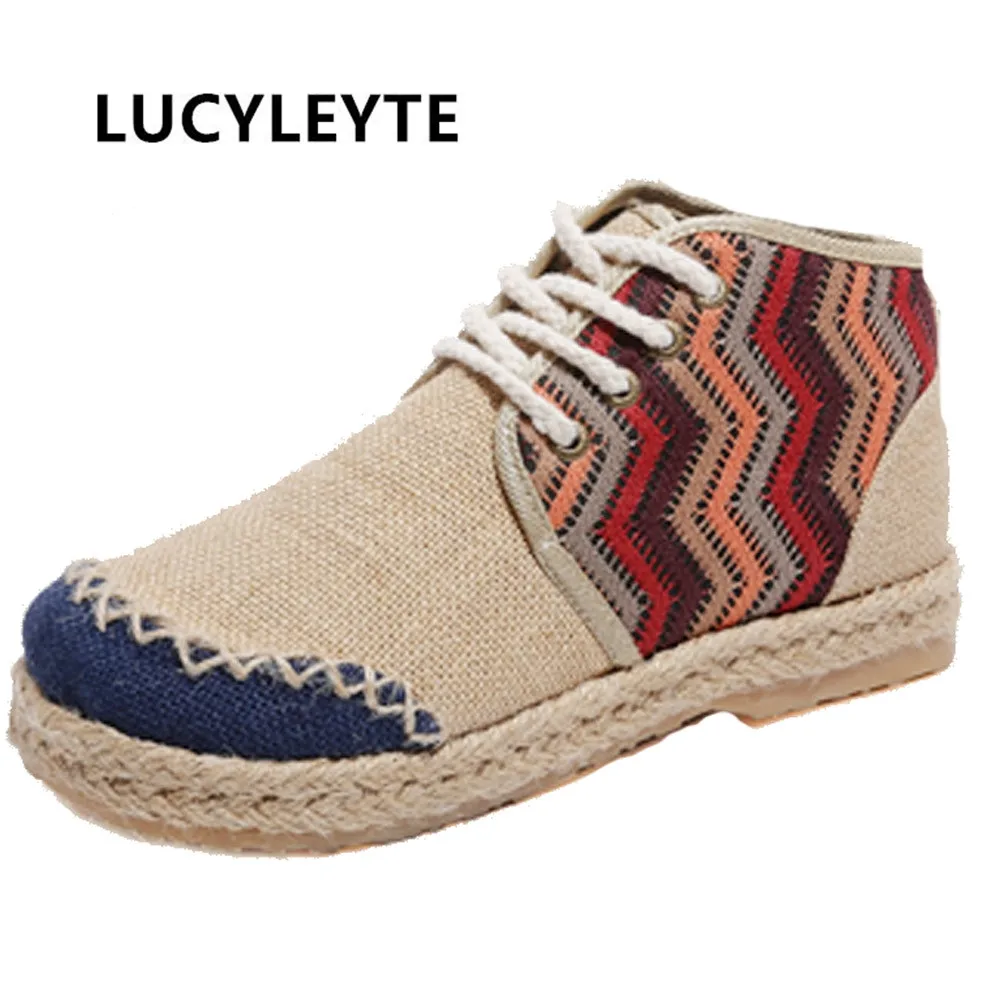 

New Vintage Women Shoes Thai Indian Embroidery Cotton Linen Canvas Cloth Single Handmade Woven Round Toe Lace Up Shoes Woman