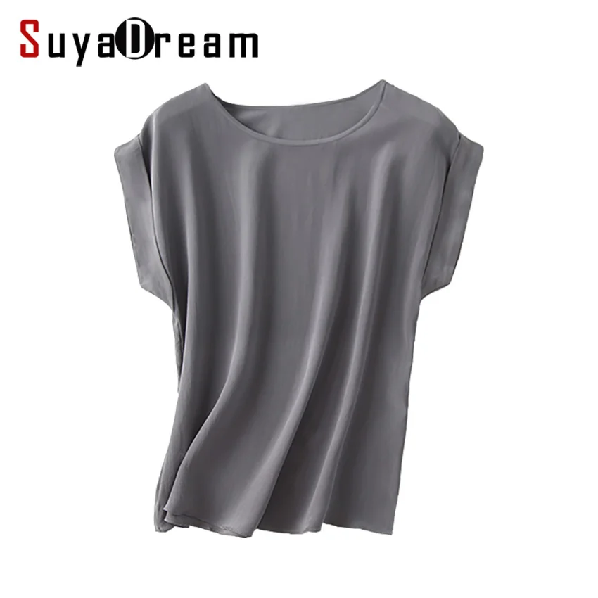 Kaufen Frauen Echte Seide T Hemd Kurze Fledermaus ärmeln Solide chiffon lose hemd 100% Natürliche seide Grundlegende Top Plus größe 2019 sommer bodenbildung