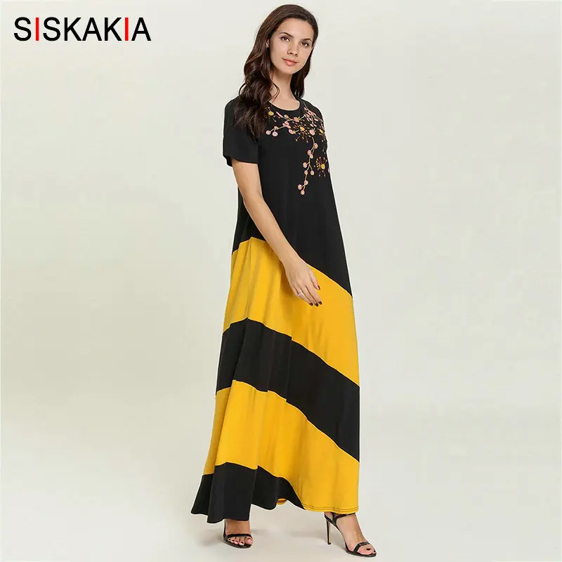 Siskakia Лето футболка длинное платье модное цветное платье с цветочной вышивкой повседневные макси платья размера плюс Круглый вырез короткий рукав