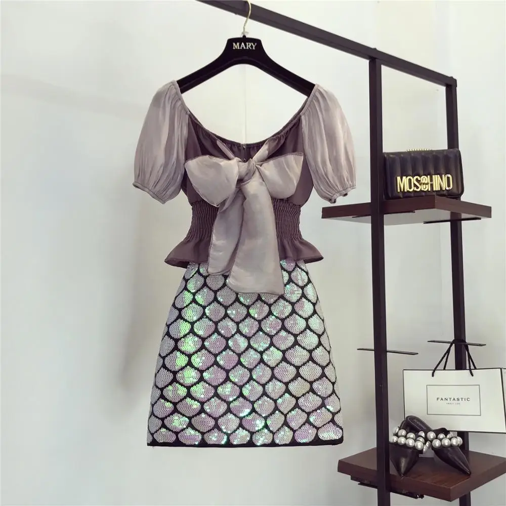 

Amolapha Women Puff Sleeve Bow Patchwork Elastic Waist Blouse+Fish Scales Sequined Mini Skirts 2PCS Sets Twinsets