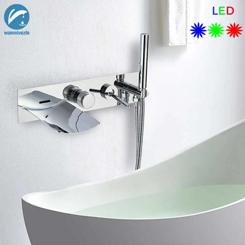 

LED Wall Mounted Waterfall Bathtub Faucet Set Single Handle Brass Hand shower Bath Shower Mixer Concealed Shower Wide Spout Tap