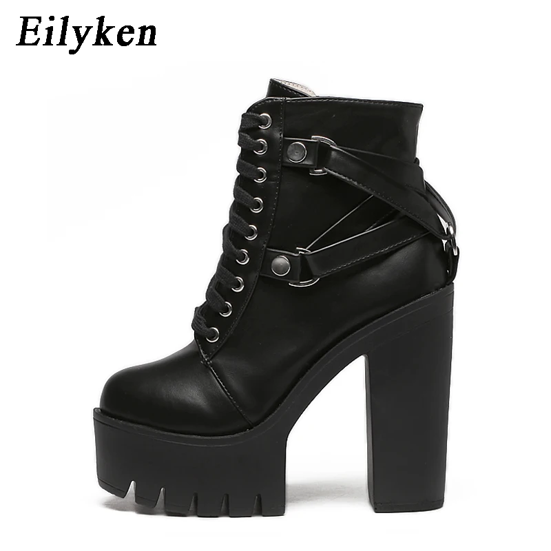 Baratos Eilyken botas negras de moda para mujer 2019 nuevos zapatos de plataforma de cuero suave con cordones de otoño mujer Botines de fiesta tacones altos
