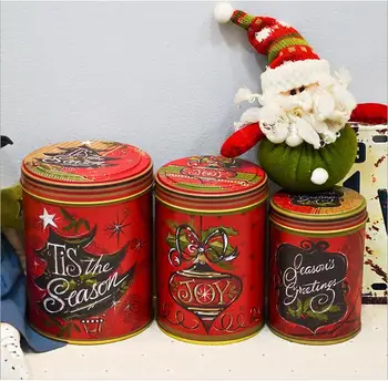 

3pc/set Christmas Season Greeting Tin storage case Round shape Iron container Metal storage box Candy can Christmas Gift Box