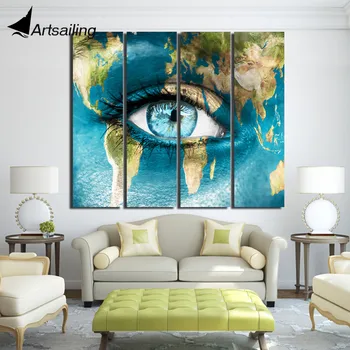 

4 piece canvas continent world map woman face posters and prints wall art canvas prints artwork decor Free shipping/up-1330D