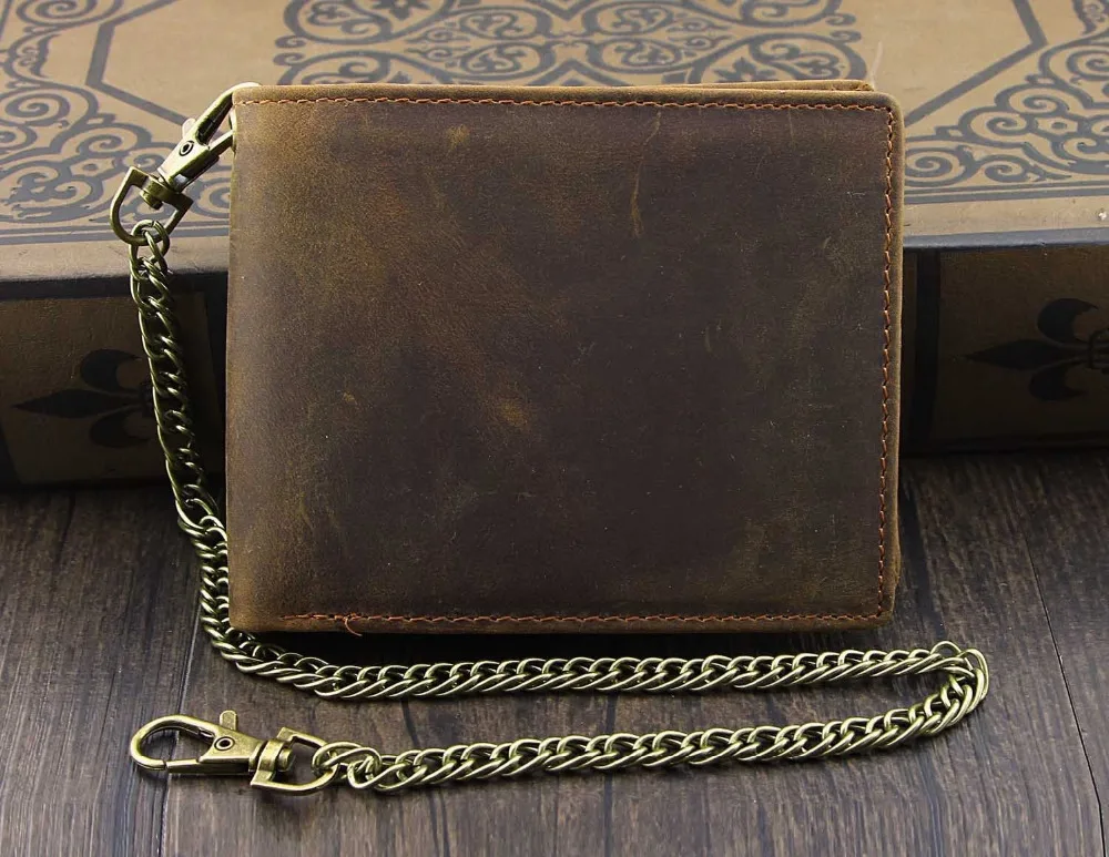 Мужской кошелек с цепочкой кожаный коричневый Байкерский винтажный держатель для карт