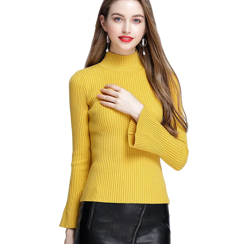 Fall Winter Mustard Yellow Womens Sweaters Flare Long Sleeve Turtleneck