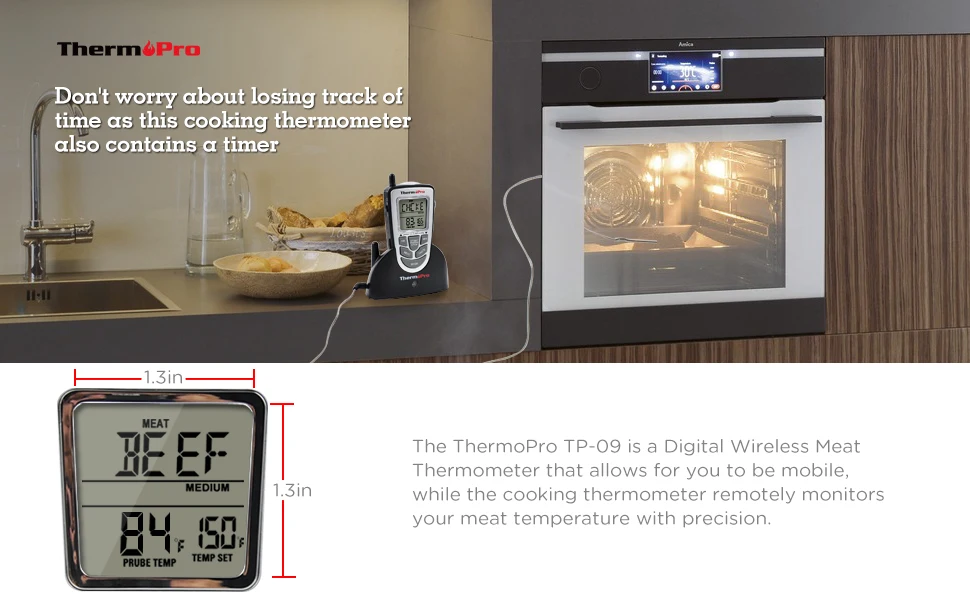 ThermoPro TP-09, 300 футов, цифровой беспроводной термометр для приготовления пищи, термометр для барбекю, мяса, термометр для кухонной печи, зонд из нержавеющей стали