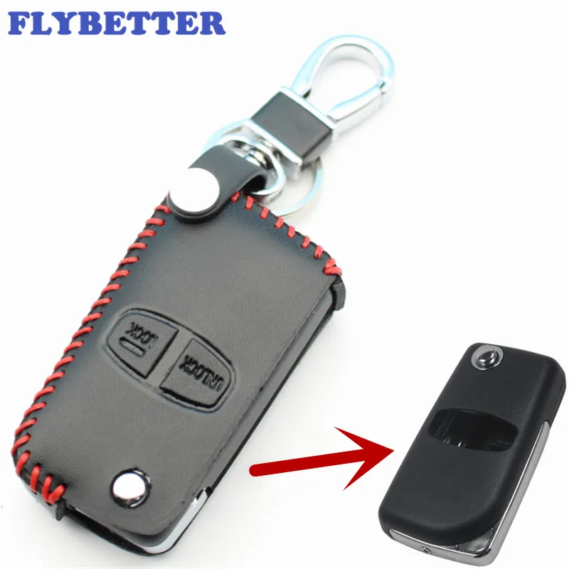 

FLYBETTER Genuine Leather Remote Control KeyChain Cover Case For Mitsubishi Pajero/Grandis/Outlander/Lancer-EX 2Button key L2175