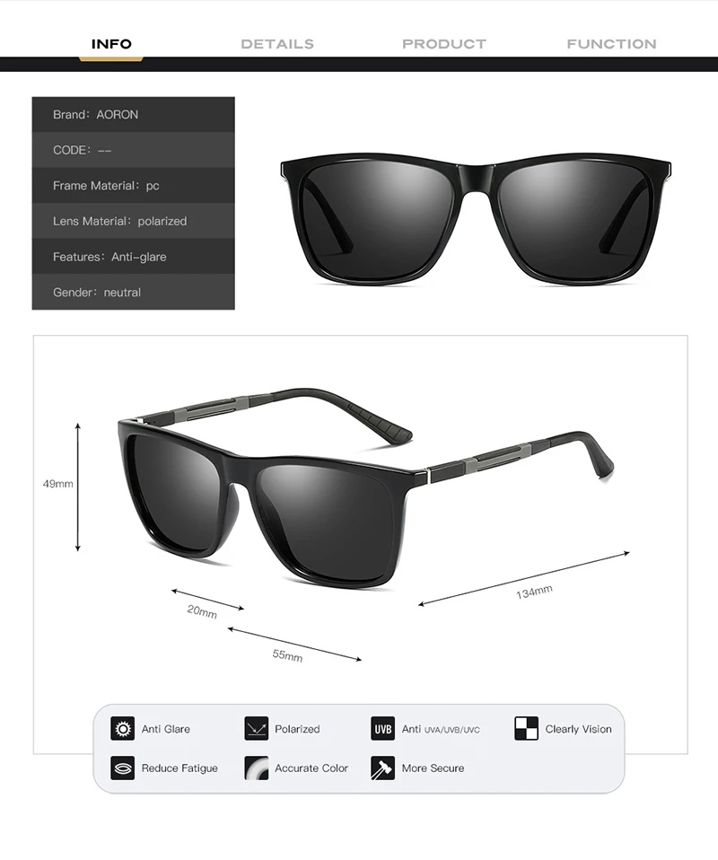 AORON Мужские поляризационные солнцезащитные очки, мужские классические Квадратные Зеркальные Солнцезащитные очки, очки из алюминия и магния, UV400