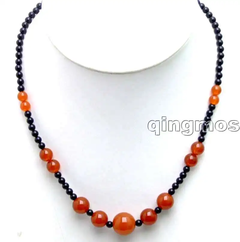 

4mm black round stone beads with 6-12mm red beads 18" Necklace-nec5870 whole sale and retail Free shipping