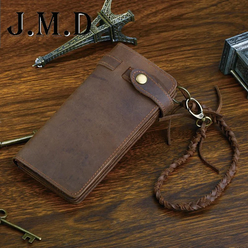 

Designer Chain Leather wallet long style Crazy Horse Cowhide Vintage Leather Purse with handmade woven rope multi-card pack