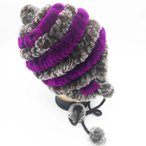Хит, женская шапка из натурального меха кролика Рекс, зимняя женская шапка из меха кролика Рекс, теплая вязаная шапка, настоящий мех кролика - Цвет: coffee and purple