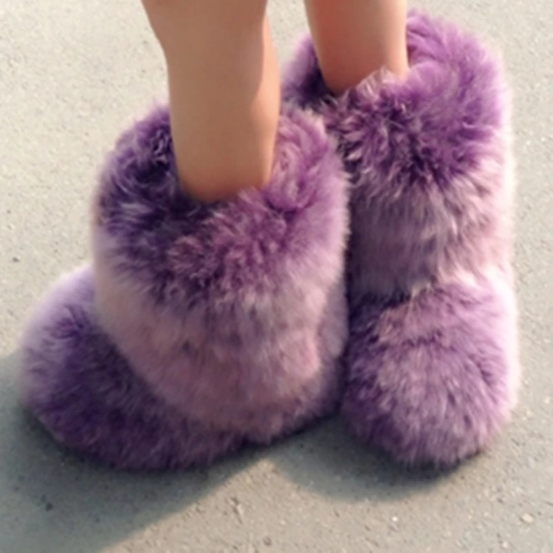 

2018 European and American winter new style warm long wool fur snow boots round toe slip-on 2.5 cm heel half boots women shoes