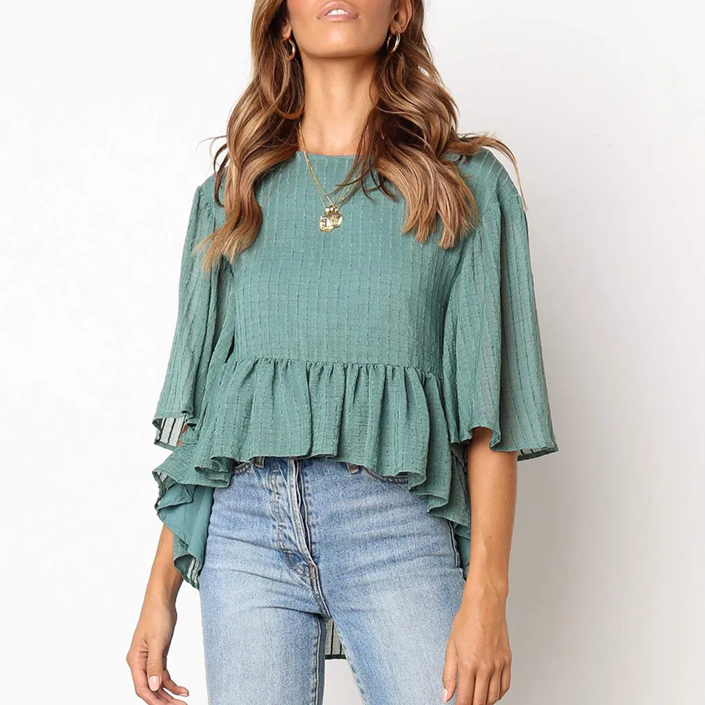

Womail Women's Chiffon Striped Blouse Half Sleeve Printing Loose O-Neck Tops Spring Stylish Solid Plus Size Female Blouse 711#3