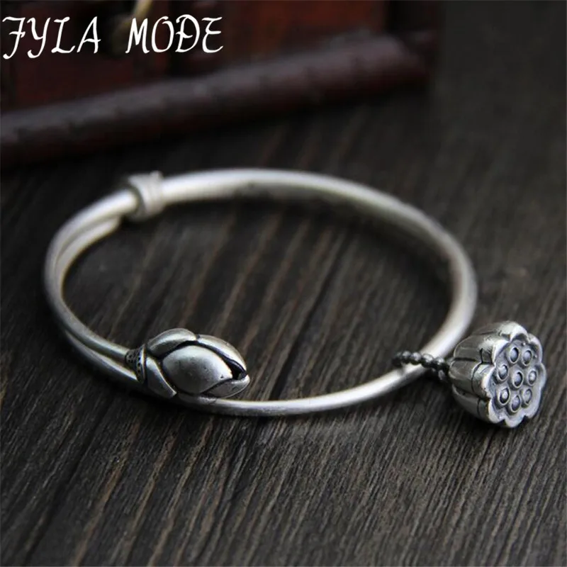 

Fyla Mode 999 Sterling Silver Retro Lotus Seedpod Adjustable Bangle Heavy Bracelet 4mm 26g TYC073