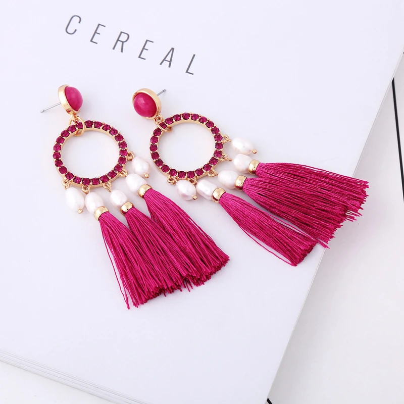 

Handcraft New Design Cultured Pearl Red/Blue Cotton Tassel Earrings For Women Fashion Charming Gift Jewelry Wholesale In Box