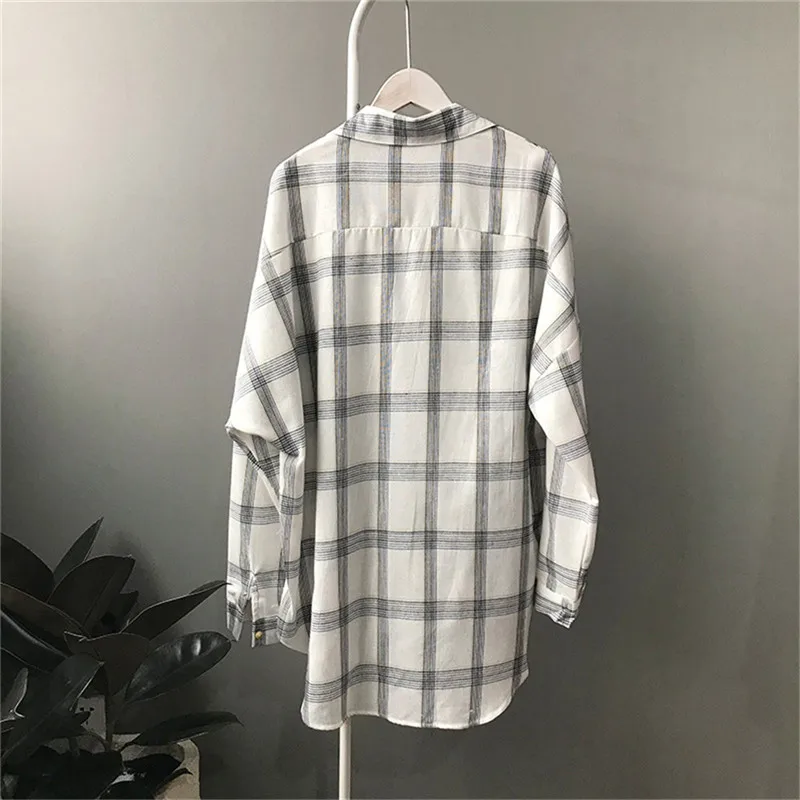 Pink women plaid blouse shirt 2019 SpringWomen Office Air Conditioner Blouse Shirt Female Loose Outerwear Casual Pocket Shirts (10)