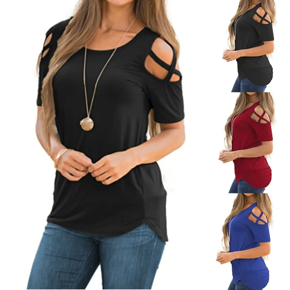 

Women Summer Short Sleeve Tops Strappy Cold Shoulder Sexy Blouses Cotton Soft Female Clothings Roupas Feminina