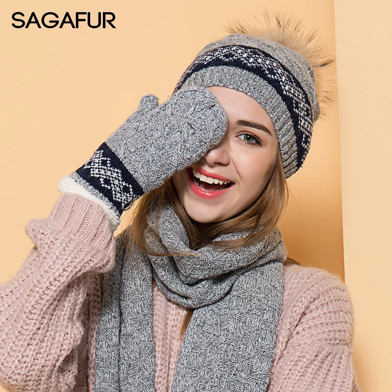 

Warm Scarf Hat Glove Sets Fur Pompom Hat Women's Winter Fashion Knitted Hat Female Beanies For Ladies Girls Thicker Hat Sets