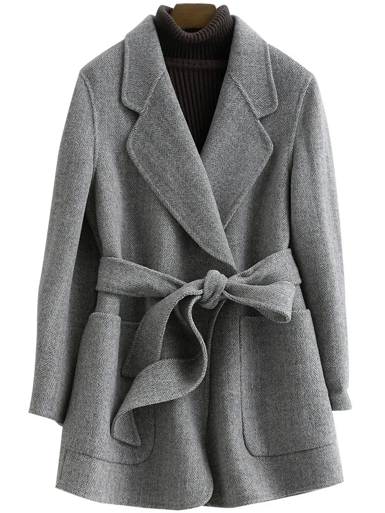 

KMETRAM 100% Wool Winter Coat Women Handmade Double-faced Korean Loose Coats Autumn Ladies Herringbone Pattern Long Jacket MY500
