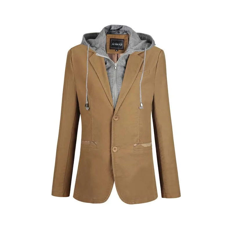 Новая мода осень зима костюм Блейзер мужской повседневный дизайн костюм куртка с капюшоном Съемный Поддельные 2 шт. блейзер мужская одежда