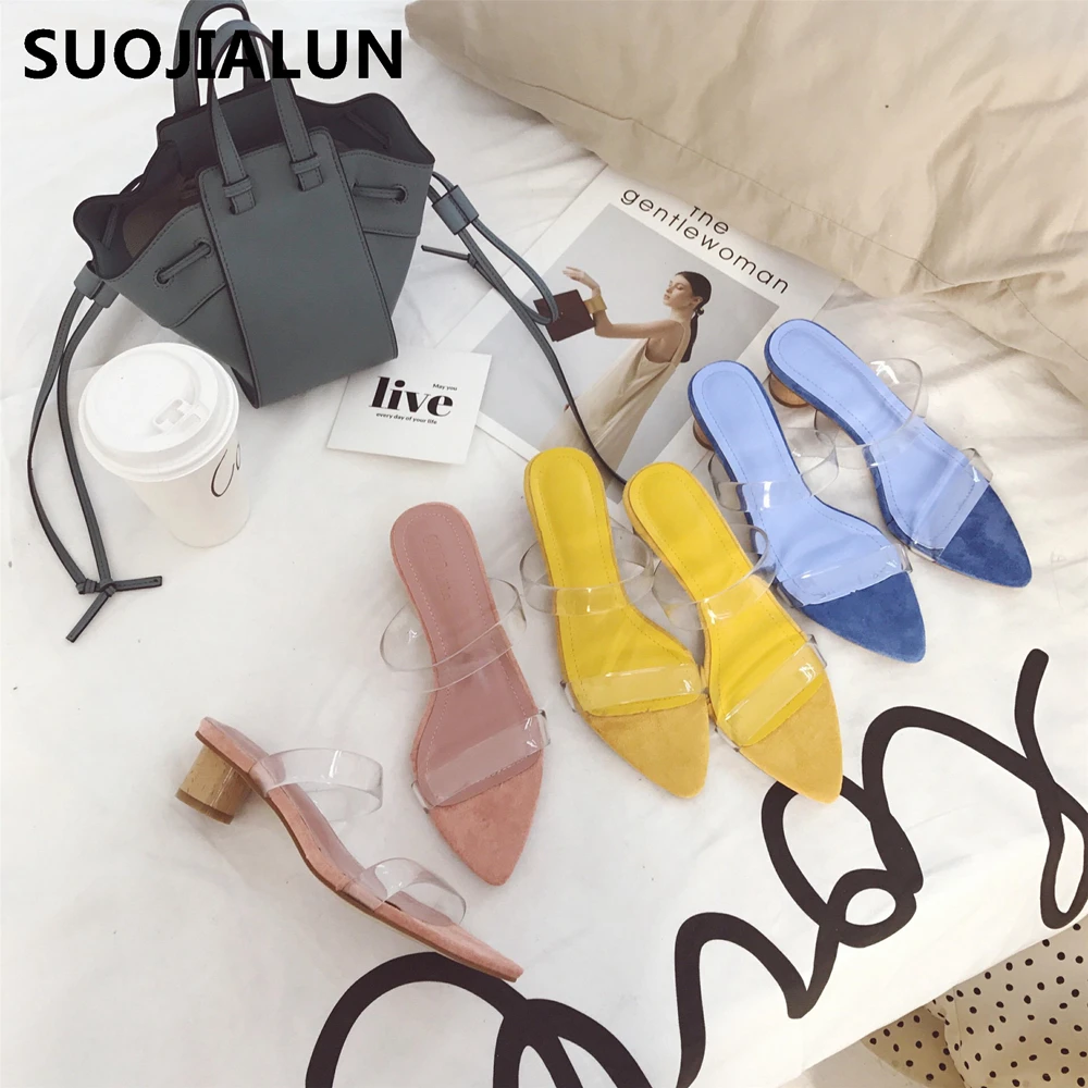 

2019 Women Sandals transparent slippers Summer Colorful Pointed Toe Slippers Flip Flops Casual Low Heel Beach Slides