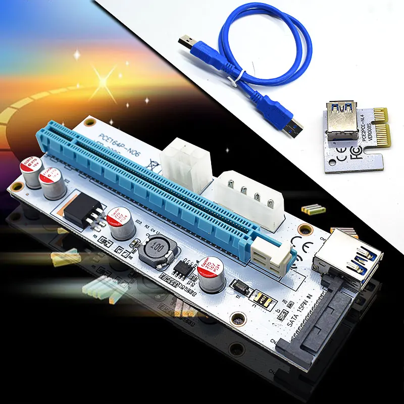 pce164P-N06 VER008 3 in 1 Molex 4Pin SATA 6PIN PCIE PCI-E PCI Express Riser Card 008 1x to 16x USB 3.0 Cable For Mining Miner