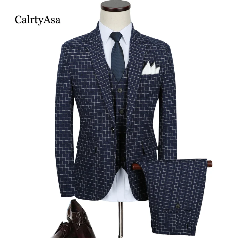 CalrtaAsa New Arrivals Blue Black Plaid Men Wedding Suits 2018 Brand