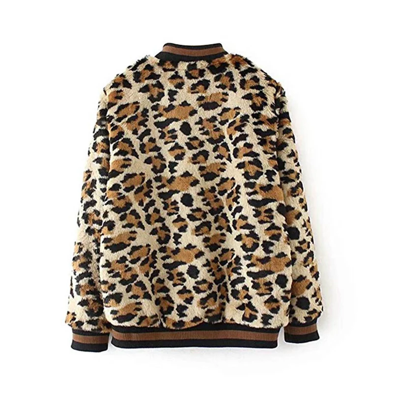 Fashion Womans Autumn Leopard Print Coat Thick Fur Collar Coat Faux Fur Zipper Pocket Outwear Casual Cardigan Jacket F#S25 (2) - 