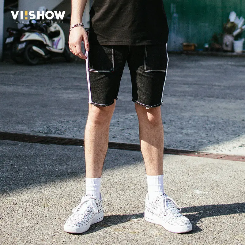 VIISHOW Summer New Casual Denim Shorts Men Jeans Hit color Cotton Quirk design Brand Clothing Knee Length Male black ND1599182