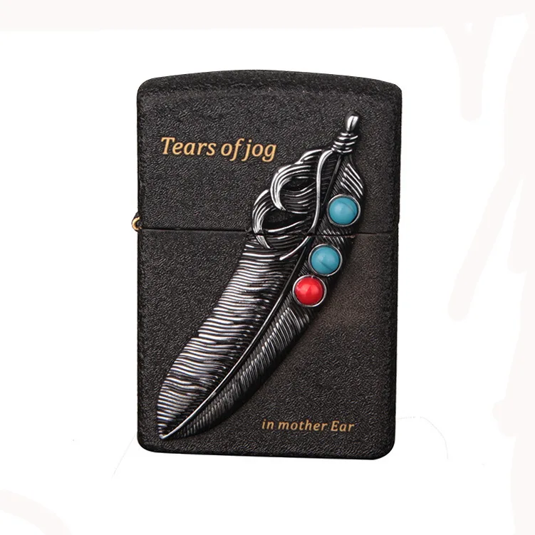 

Black feather Pure copper Cigarette Lighter Cigarettes Kerosene Flint Petrol Vintage Gasoline Lighter Oil Petrol Refillable