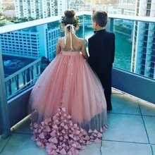 Геоградный Спагетти ремни пыльно-розовый цветок девушка платья для свадьбы Кристаллы бисером девушки платье для торжеств лепесток аппликации дети