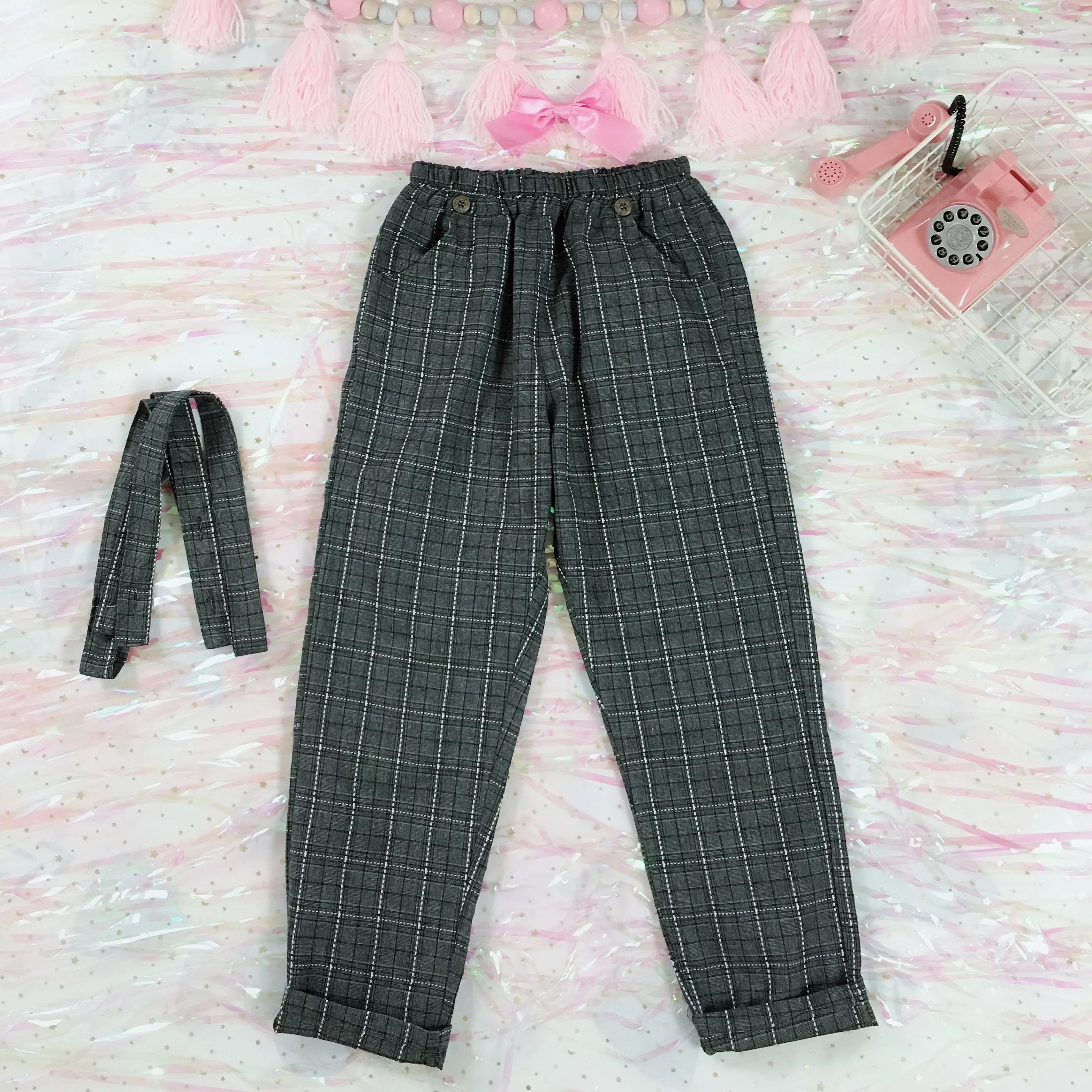 Vintage Women Jumpsuits Japanese Cute Girls' Elastic Waist Casual Plaid Overalls Backless Cotton Linen Suspender Wide Leg Pants
