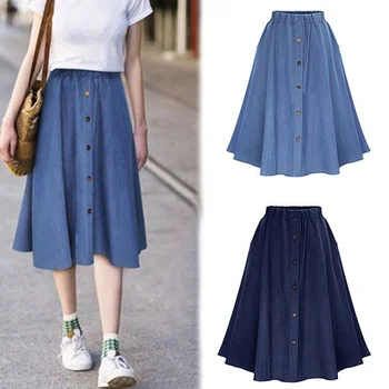 

Women Skirt Solid Color High Waist A-Line Slim Fit Denim Skirt for Summer JL