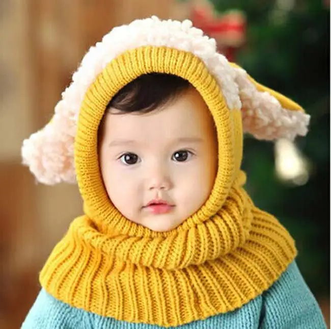 Baby Winter Warm Hat Toddler Unisex Cartoon Cute Knitted Earflap Cap Newborn Patchwork Woolen Hats Infant Caps+Scarf Twin set (3)