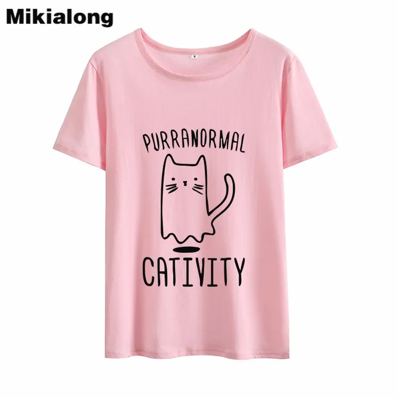 Mikialong футболка с котом женская футболка Harajuku Kawaii летний женский Топ Футболка женская повседневная черная белая розовая Женская футболка - Цвет: pink