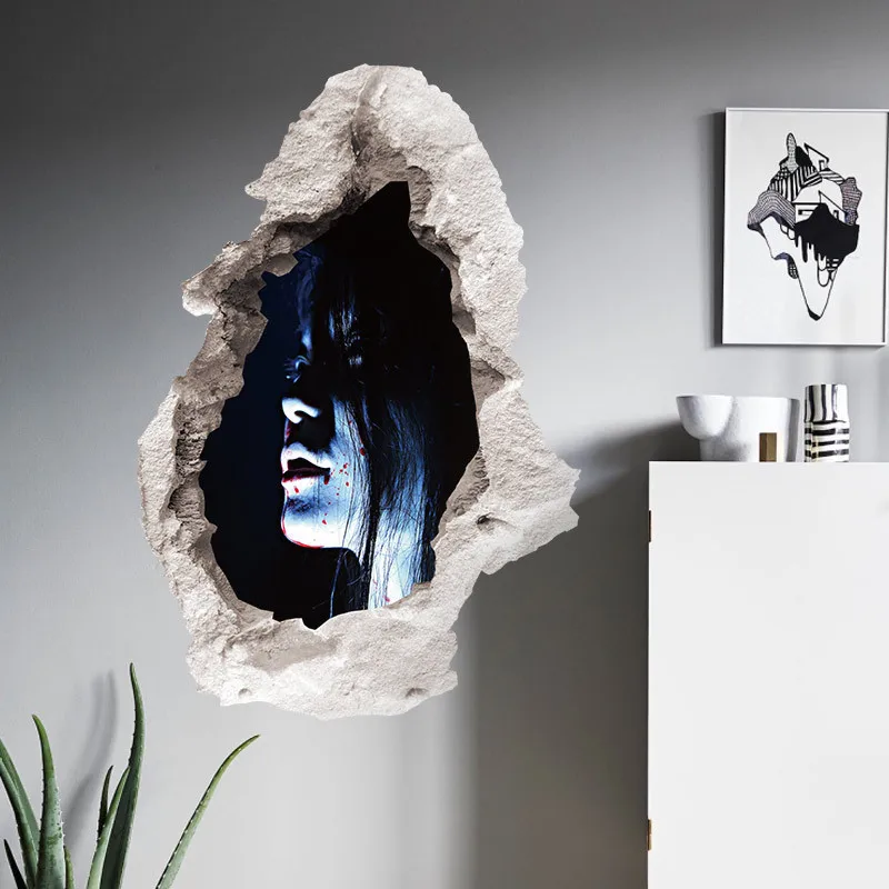 Cool Big Wall Sticker Halloween Decoration 3d View Scary Bloody Broken Ghost Sticker Home Halloween Party DIY Decoration E