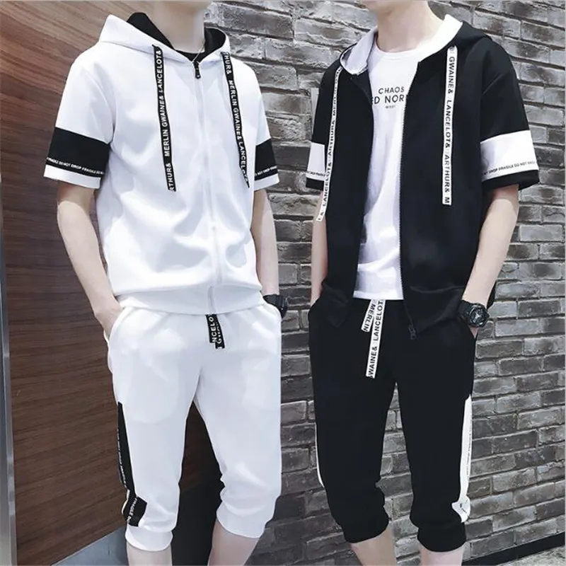 Autumn New Arrival 2018 Casual Hoodies Men Off White Jacket And Pant Preppy Young People Long Sleeve Sets Student Coat Plus Size