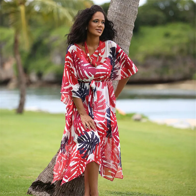

NODELAY 2018 New Plus Size Women Leaf Printed Bikini Cover up Loose Beachwear Pareo Beach Dress Sunscreen Kaftan Swimwear Dress