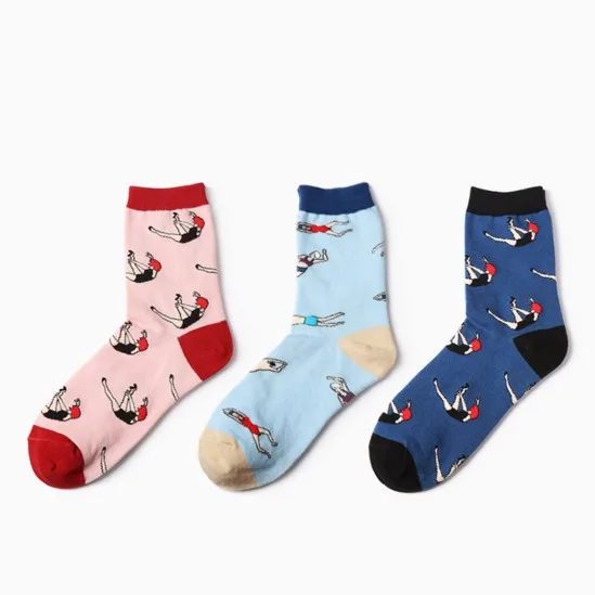 

1 PCS 8 Styles Spring Korea Women Colorful Swimming Girls Printed Happy Cotton Socks For Woman