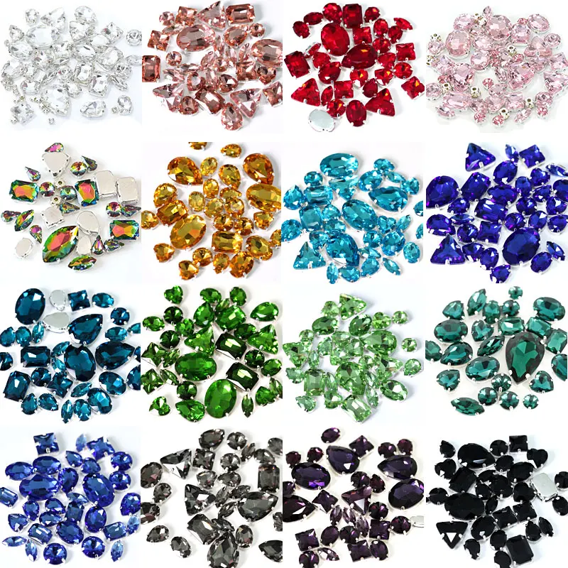 

50PCS/PACK Glitter Sew On Rhinestones With Claw Colorful Mix Shapes Crystal Glass Sew On Claw Rhinestone For Wedding Dress B2864