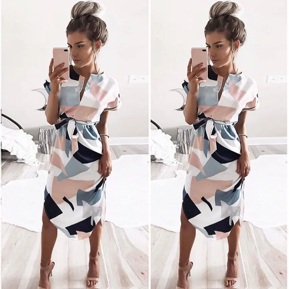 

Short Sleeve Summer Dress 2019 Women Boho Style Geometric Print Beach long Dress Elegant Party Dresses Plus Size XXXL 45#G6