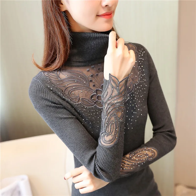 Goedkoop Herfst Winter Vrouwen Truien Truien Lace Patchwork Coltrui Gebreide Truien Elegant Casual Truien Warm Elastische Knitwear